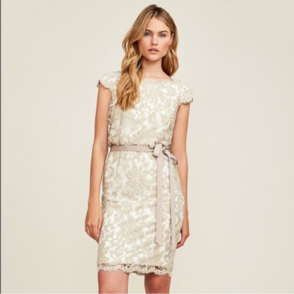 Todashi Shoji Taupe Sheath Dress with Cap Sleeves, Embroidered Lace with Ribbon - Picture 1 of 16